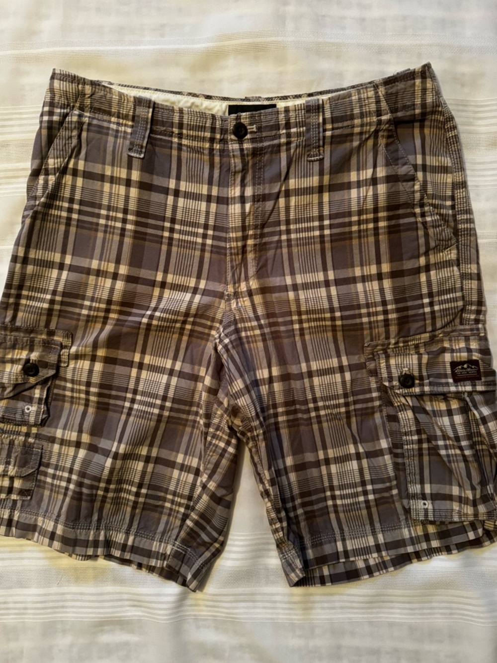 Eddie Bauer | Plaid Cargo Shorts in Tan and Gray Tones